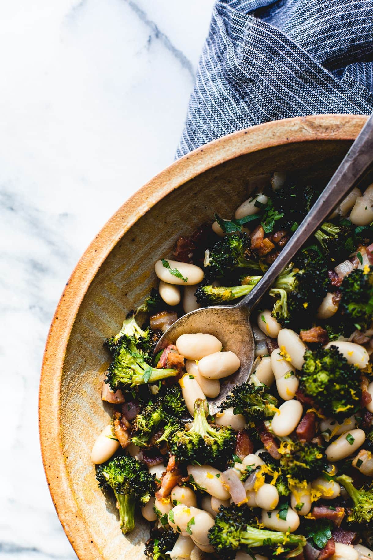 Roasted Broccoli and Lemony White Beans with Bacon