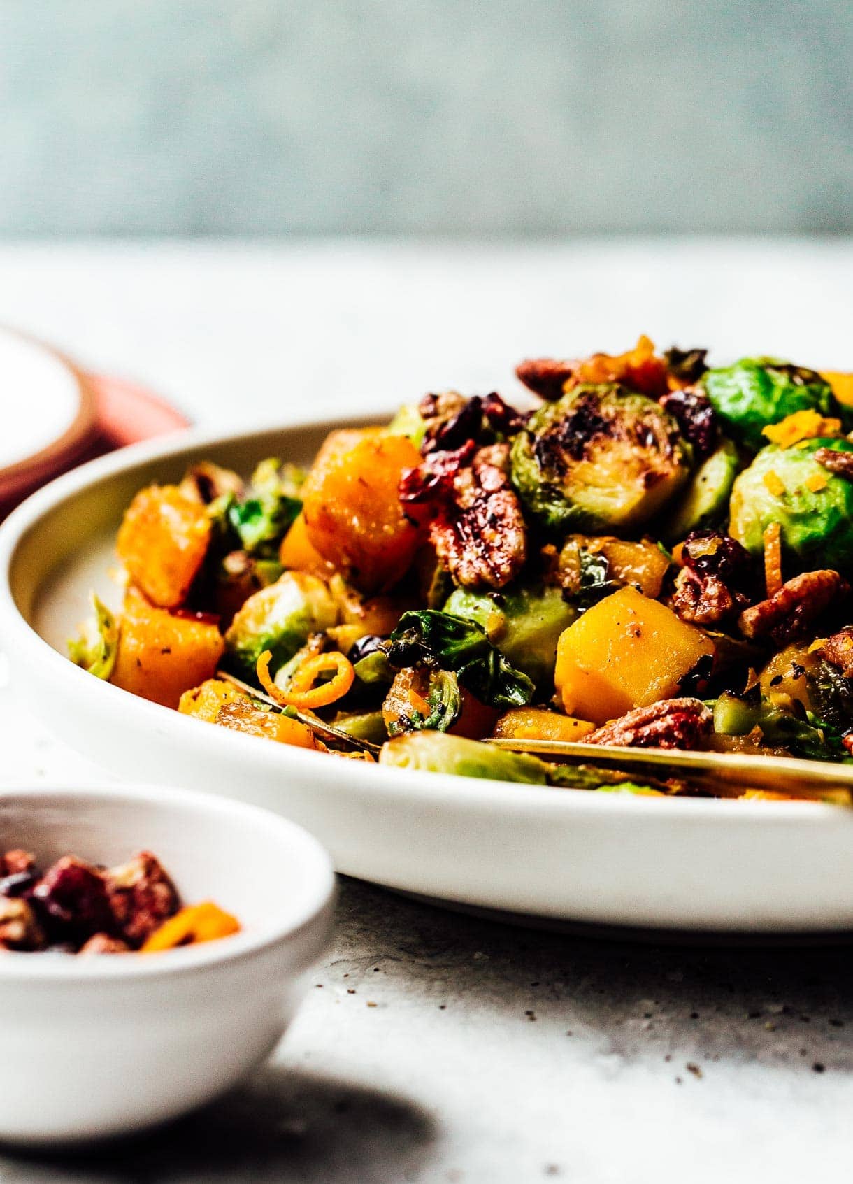 Orange Glazed Butternut Squash and Brussels Sprouts with pecans