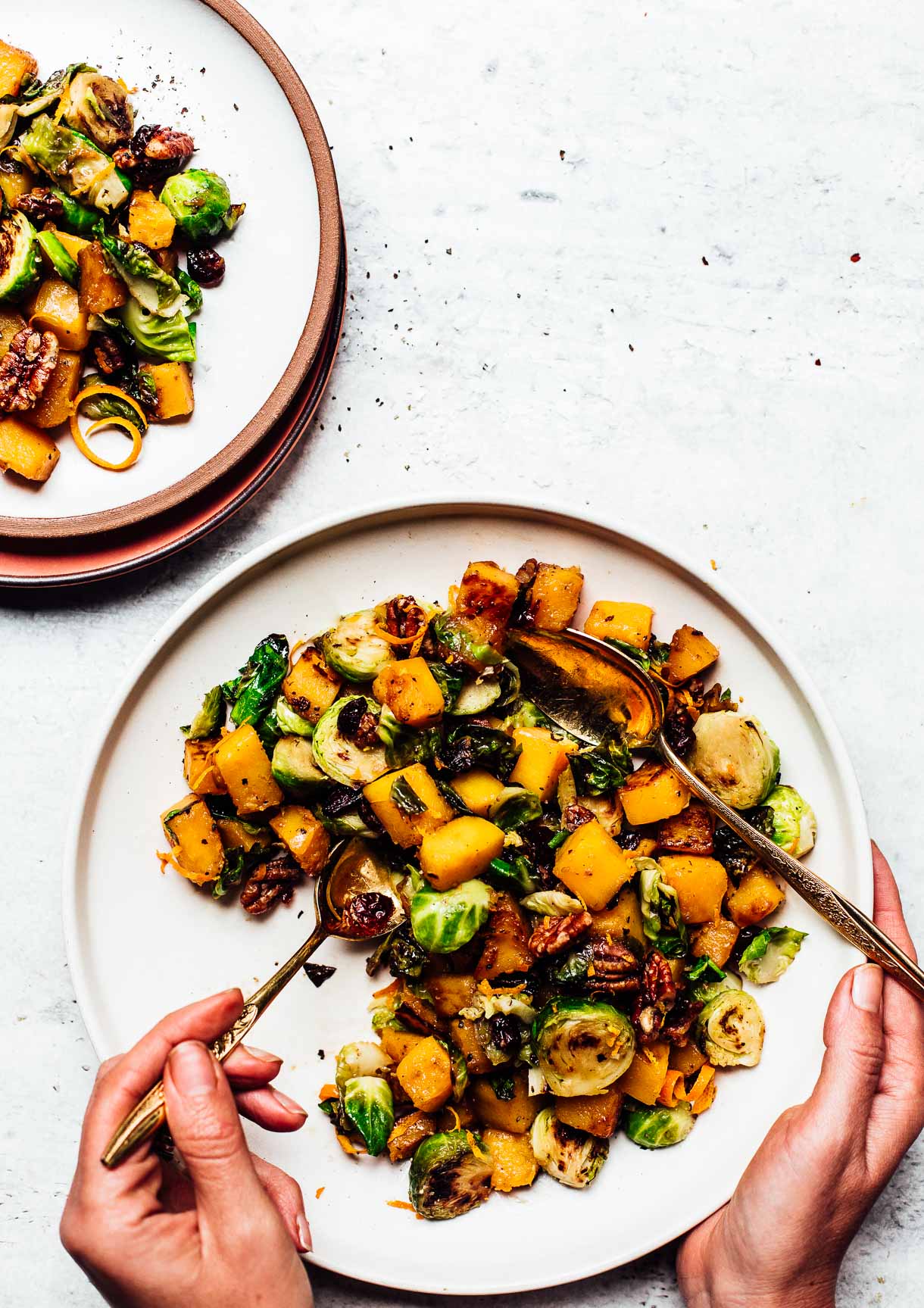 Orange Glazed Butternut Squash and Brussels Sprouts with pecans