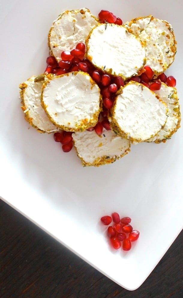 Pistachio Crusted Goat Cheese Log with Pomegranates
