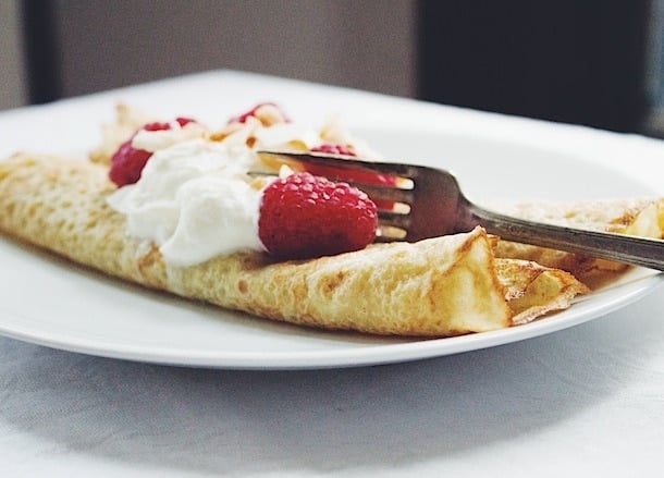 Gluten Free Oat Crepes with Raspberries and Toasted Coconut