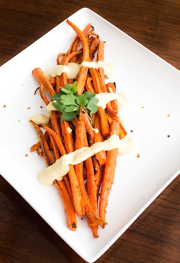 Cumin & Crushed Coriander Roasted Carrots with Hummus Sauce | heartbeet kitchen