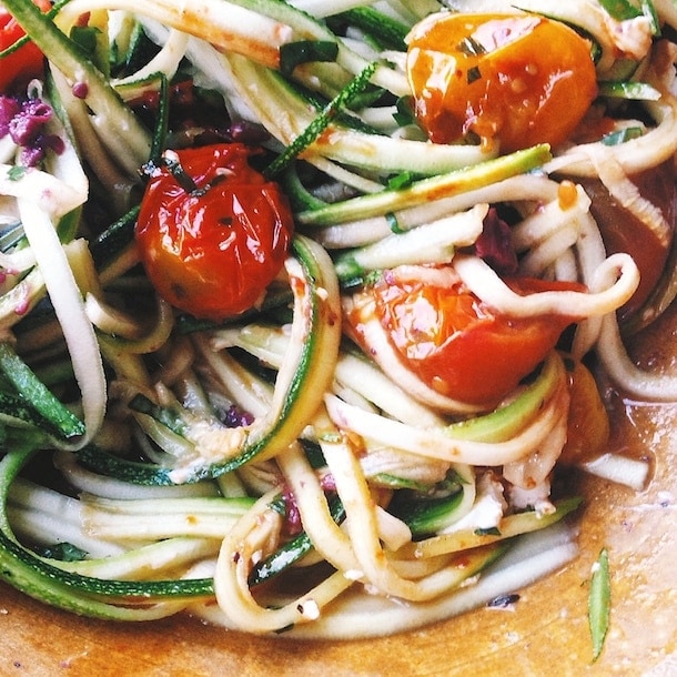 Zucchini Noodles with Blistered Tomatoes & Olive Tapenade