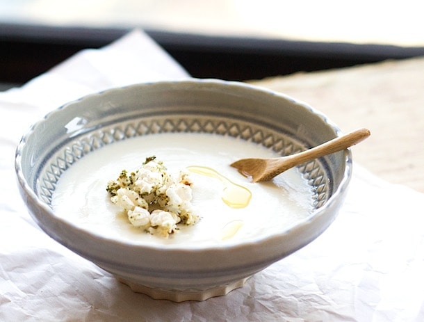 Creamy Cashew Cauliflower Soup with Herb Popcorn
