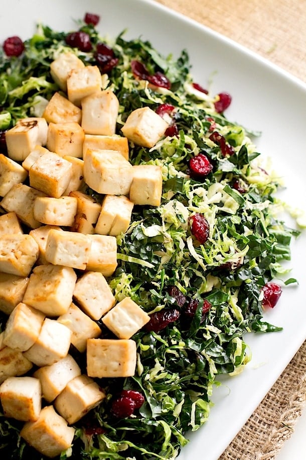 Warm Brussels Sprout and Kale Salad with Glazed Tofu