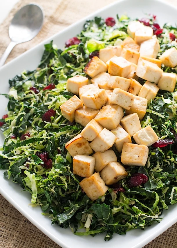 Warm Brussels Sprout and Kale Salad with Glazed Tofu | heartbeet kitchen