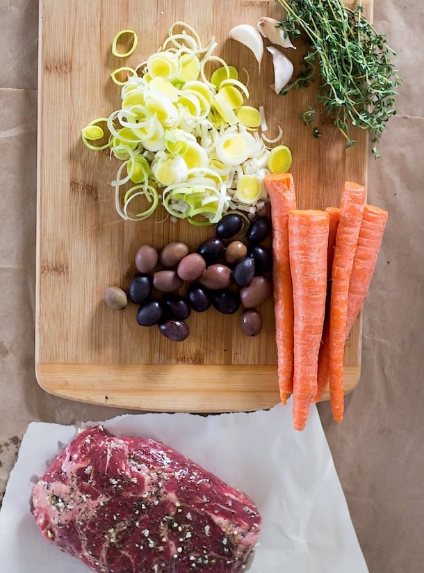 Slow Cooker Beef with Carrot Mash, Thyme & Olives 