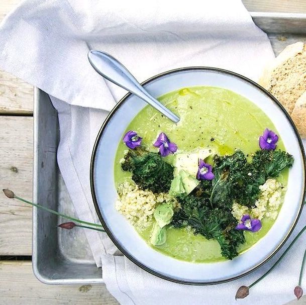 simple asparagus soup in a white bowl