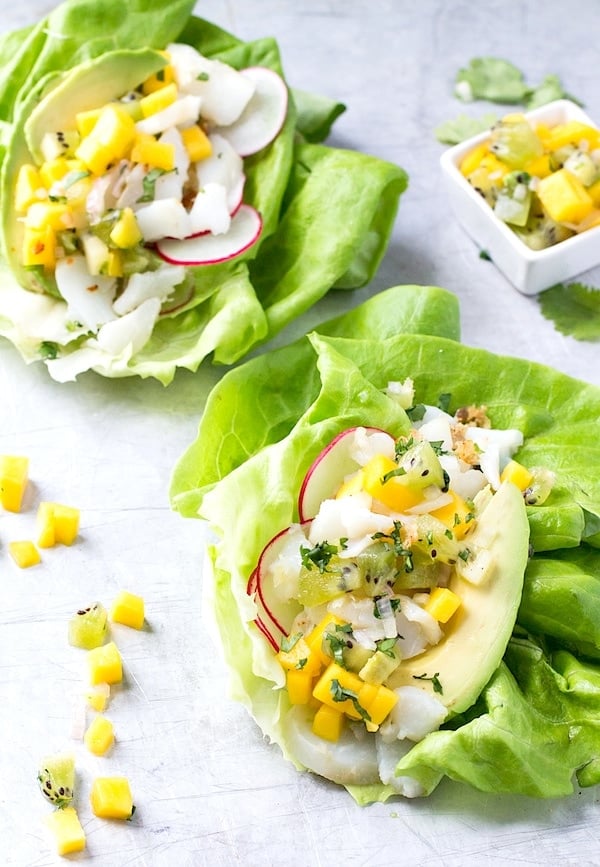 Fish Taco Lettuce Wraps with Mango Kiwi Salsa {AIP, Paleo}