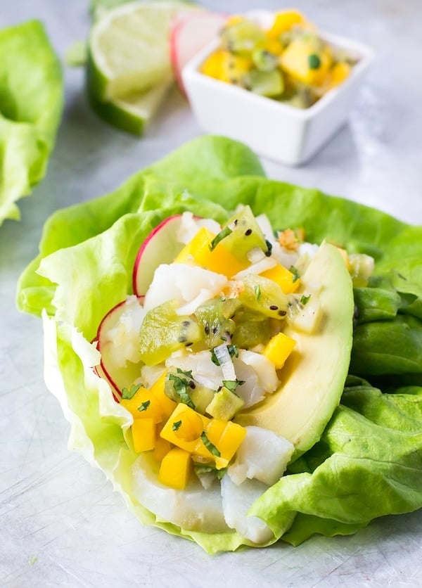 Vibrant Fish Tacos, topped with Mango Kiwi Salsa {Paleo, AIP}