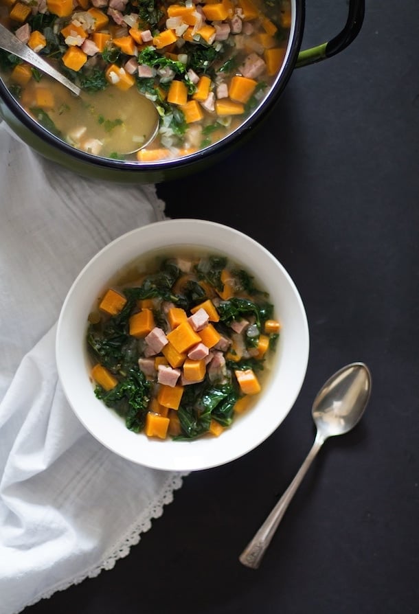 Sweet Potato, Ham and Kale Soup with Rosemary | Paleo, AIP, Gluten-Free