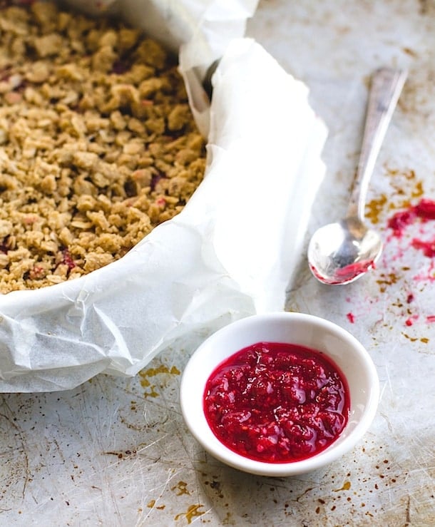 Raspberry Rhubarb Crumble Bars {gluten-free}