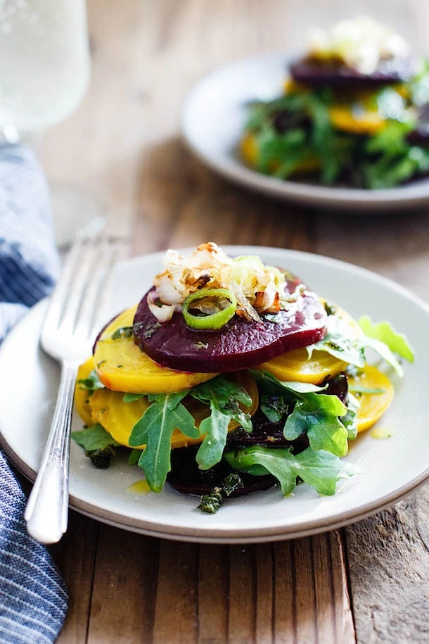 Stacked Beet Salad with Crispy Shallots + Herb-Infused Oil