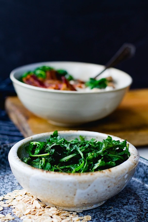 Savory Oatmeal with Garlicky Greens and Bacon {heartbeet kitchen blog}