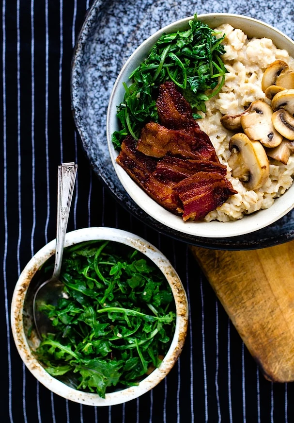 Savory Oatmeal with Garlicky Greens, Bacon and Mushrooms (heartbeet kitchen blog)