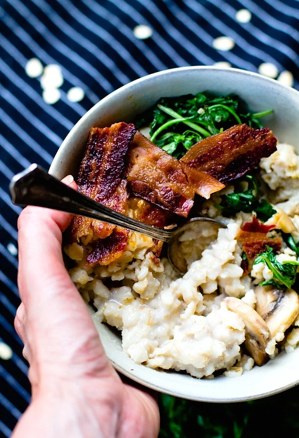 Savory Oatmeal with Garlicky Greens & Bacon