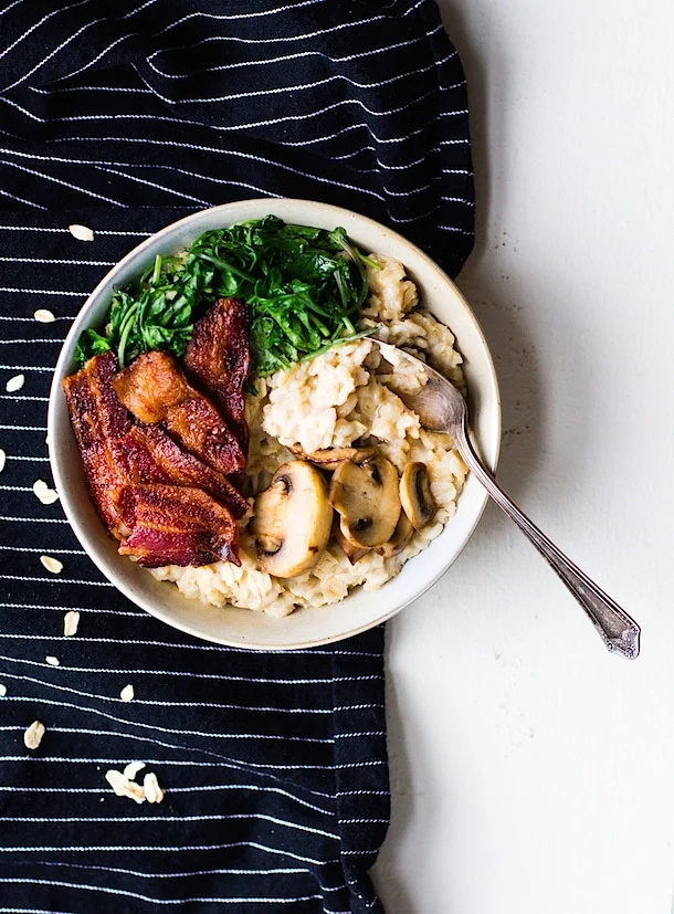Savory Oatmeal with Garlicky Greens and Bacon {heartbeet kitchen blog}