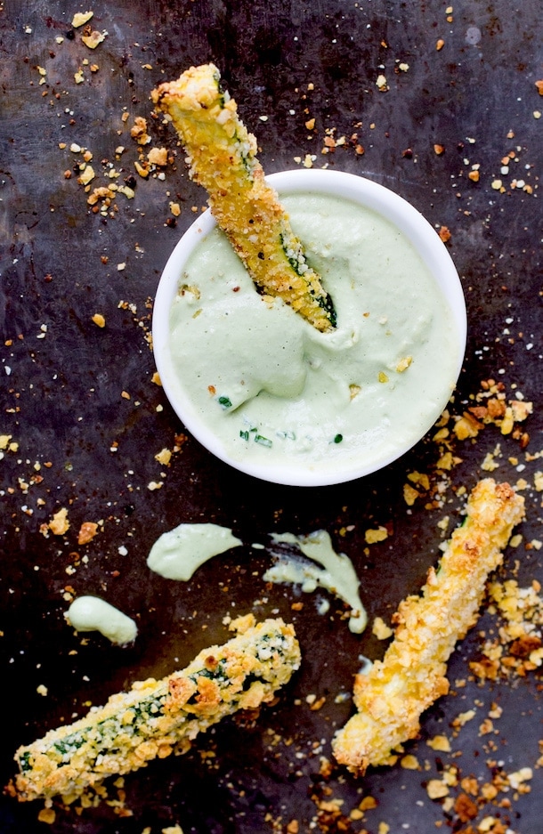Tortilla Chip Crusted Zucchini Fries with Green Goddess Cashew Dip