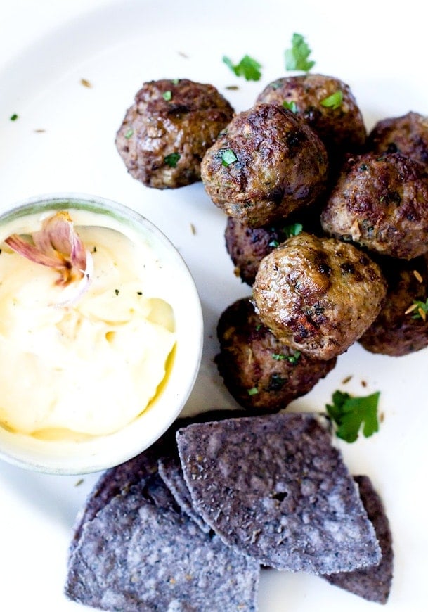 Cumin Spiced Meatballs with Roasted Garlic Aioli {gluten-free}