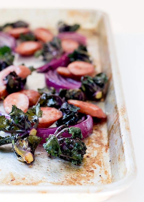 Chicken Sausage, Kalette, and Red Onion Sheet Pan Supper {paleo}