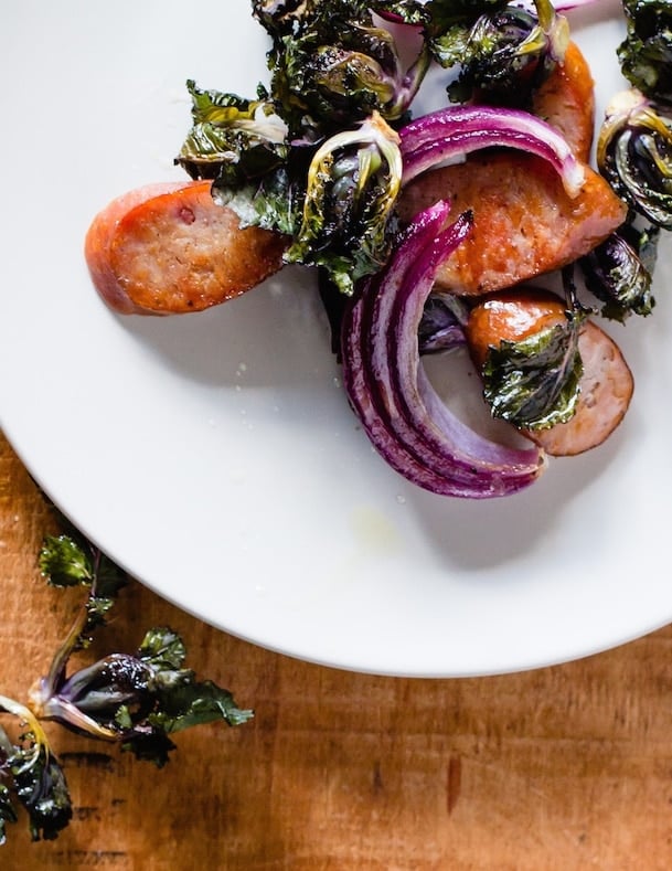 Chicken Sausage, Kalette, and Red Onion Sheet Pan Supper {paleo}