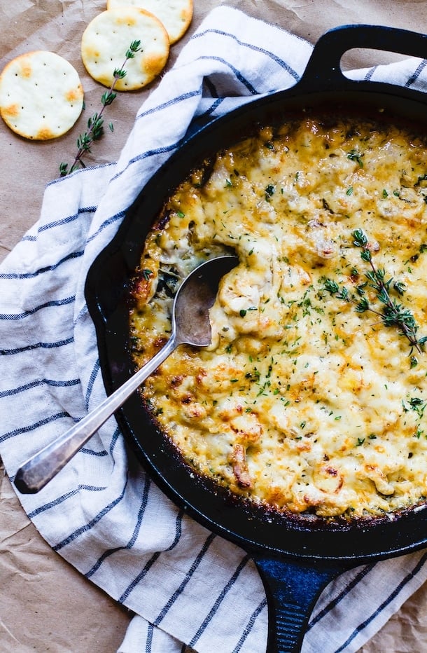 Hot Gruyere and White Wine Chicken Dip {cheesy and bubbly in a cast iron skillet}