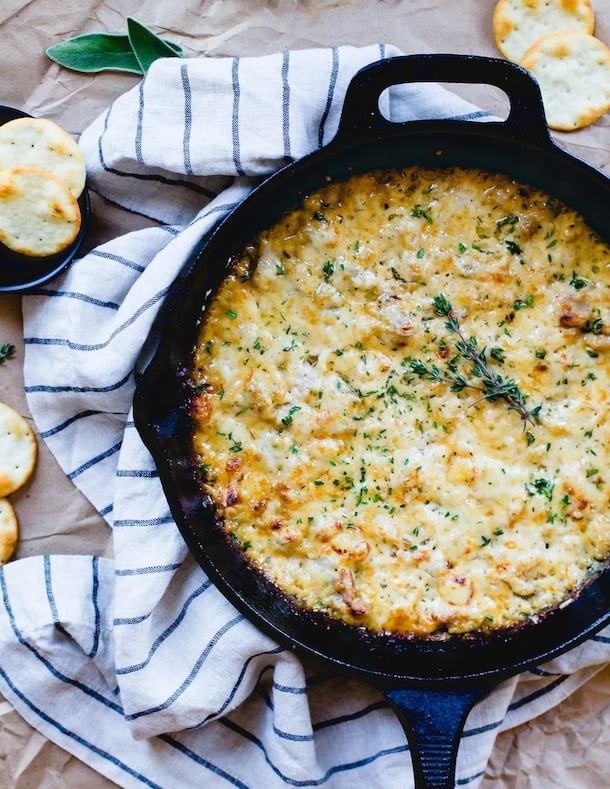 Hot Gruyere and Sweet Onion Chicken Dip {cheesy and bubbly in a cast iron skillet} gluten-free