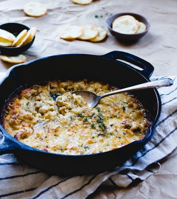 Hot Gruyere and White Wine Skillet Chicken Dip {cheesy and bubbly in a cast iron skillet}