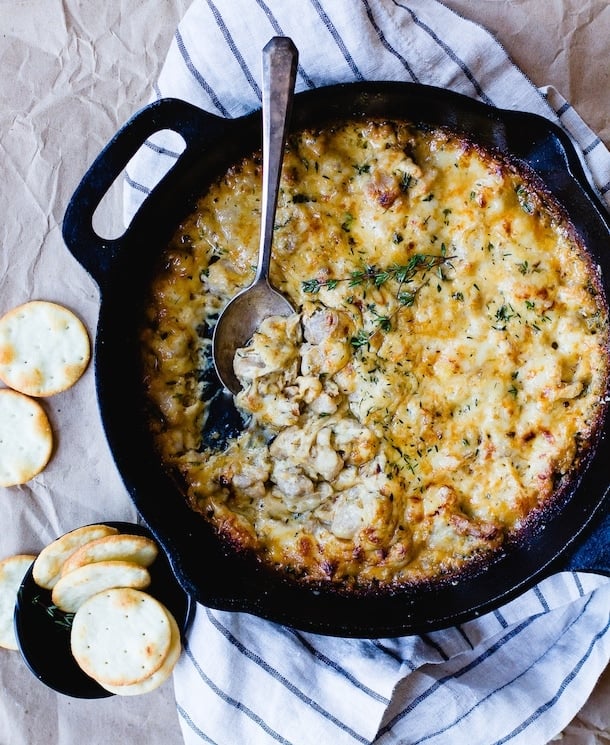 Hot Gruyere and White Wine Chicken Dip {cheesy and bubbly in a cast iron skillet}