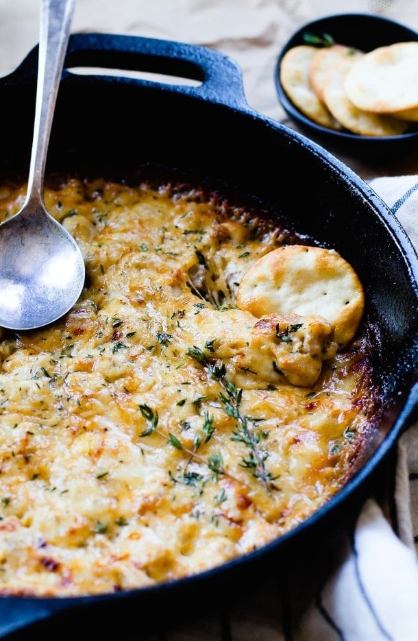 Hot Gruyere & White Wine Chicken Dip {cheesy and bubbly in a cast iron skillet} gluten-free