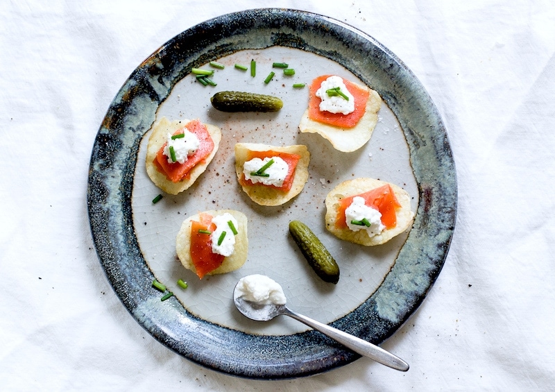 Smoked Salmon & Horseradish Ricotta Potato Chip Bites via @amandapaa