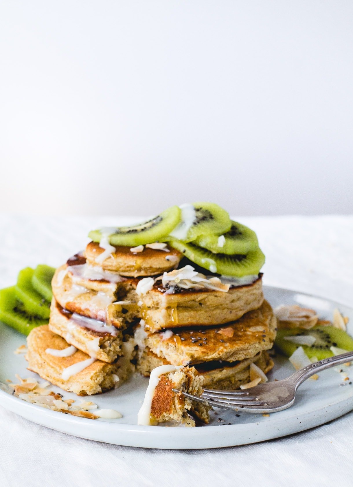 Fluffy Gluten-Free Pancakes with Coconut Butter & Kiwis.