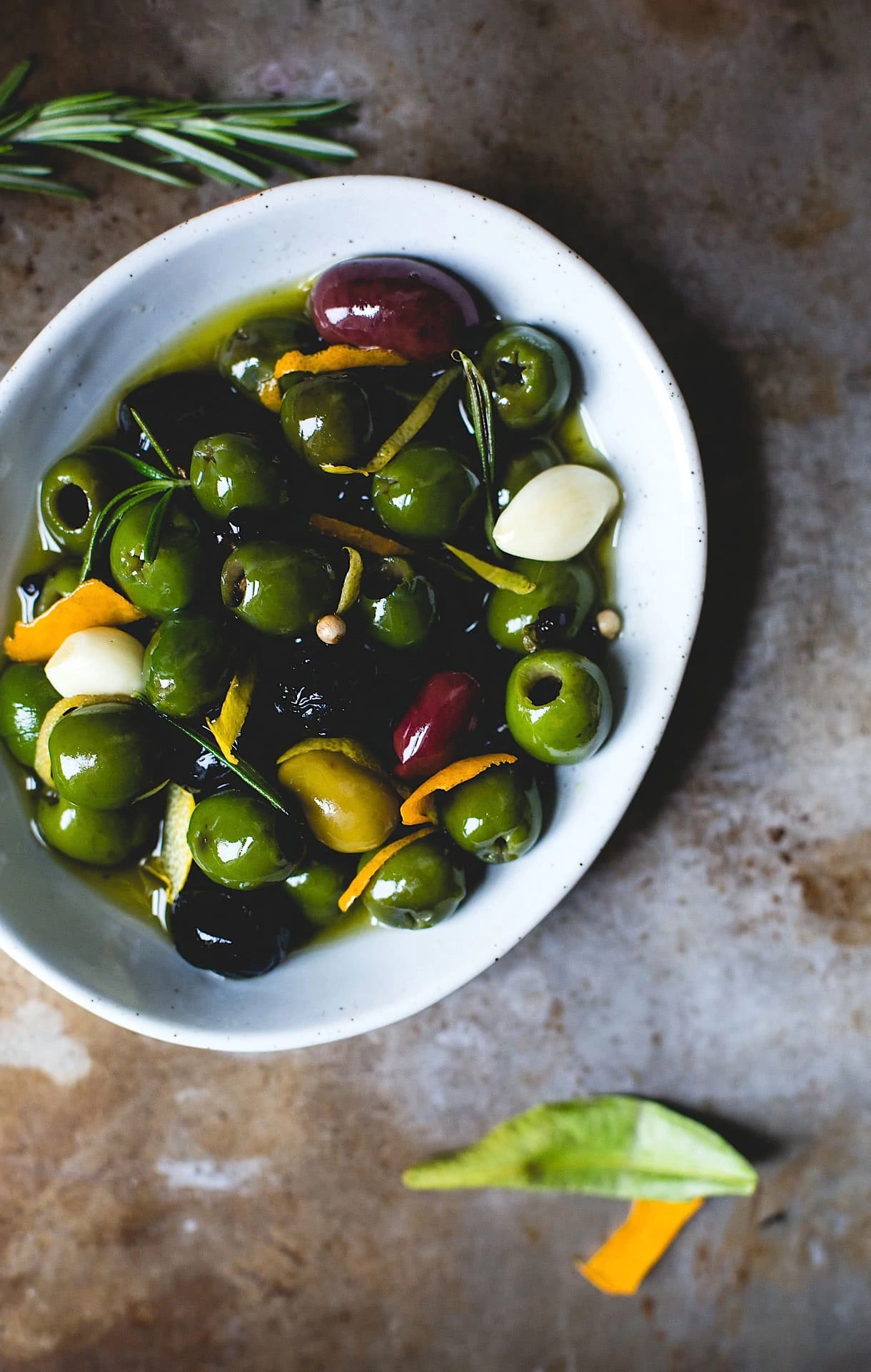Gin and Herb Marinated Olives in a bowl.