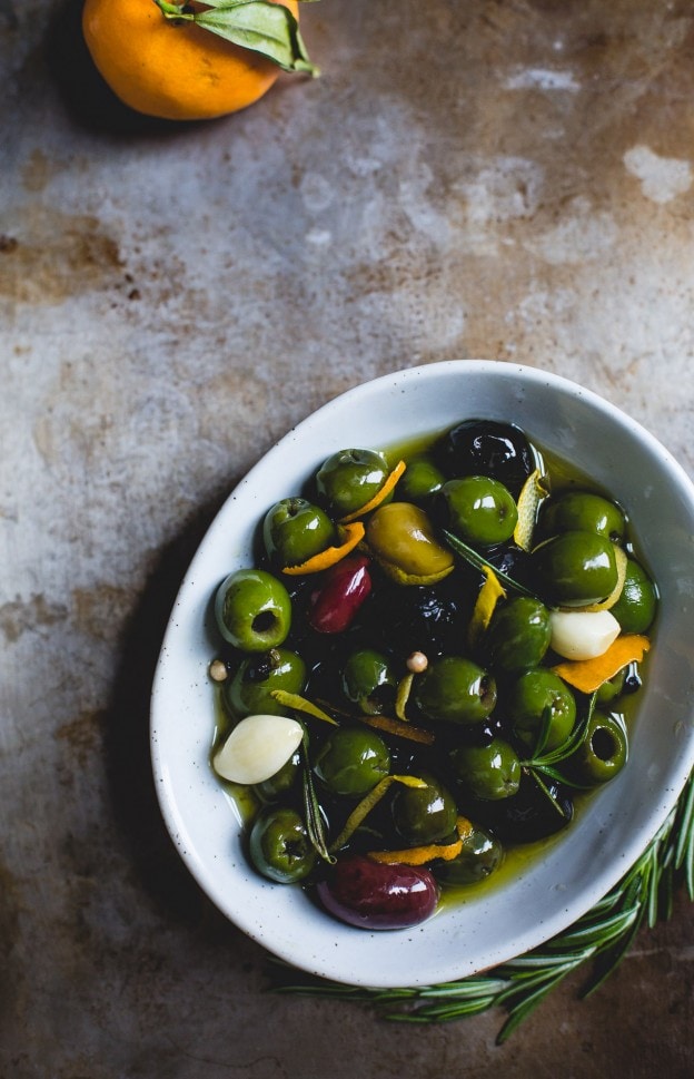 Warm Olives with Citrus, Rosemary, and a Splash of Gin • HeartBeet Kitchen
