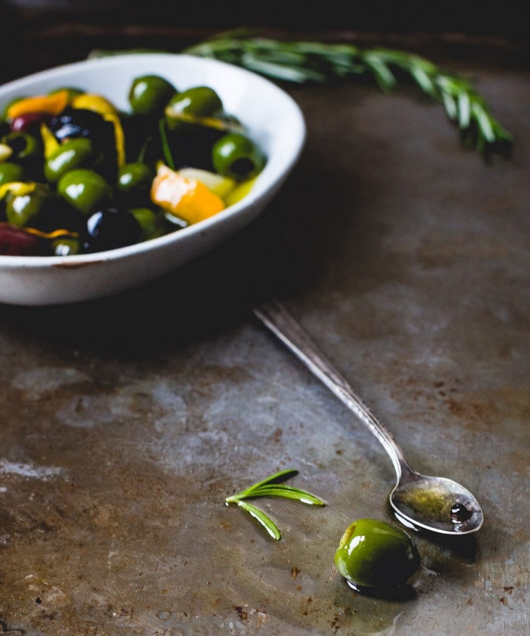 Warm Olives with Citrus, Rosemary, and a Splash of Gin • HeartBeet Kitchen
