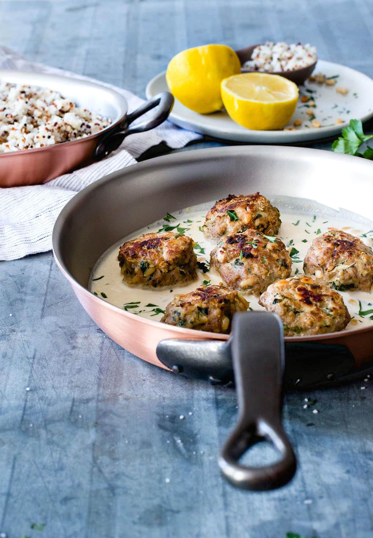 Lemon Cardamom Meatballs with Pine Nuts and Garlic Tahini Sauce {paleo}