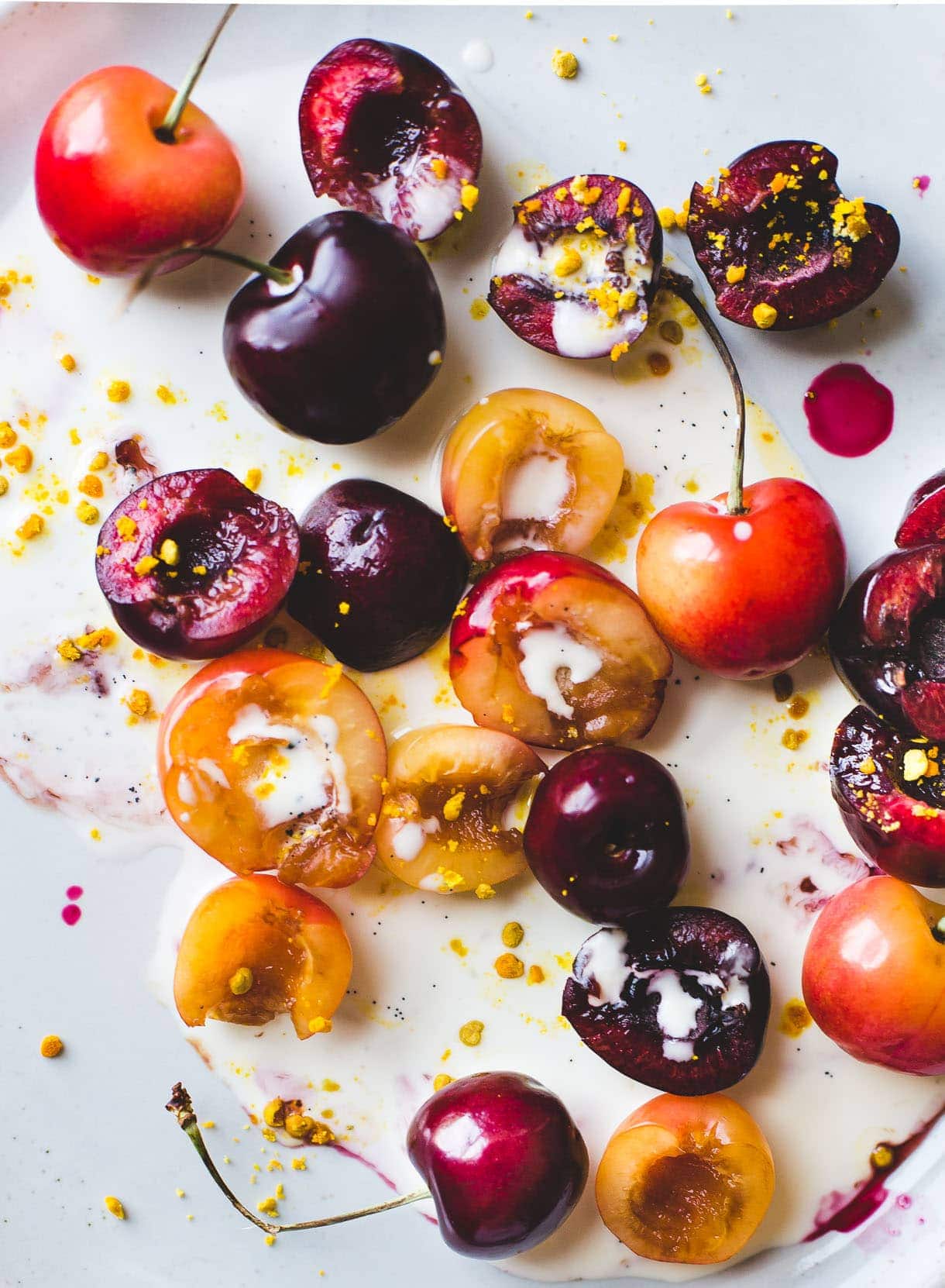 Cherries Floating in Vanilla Cream with Bee Pollen Sprinkles