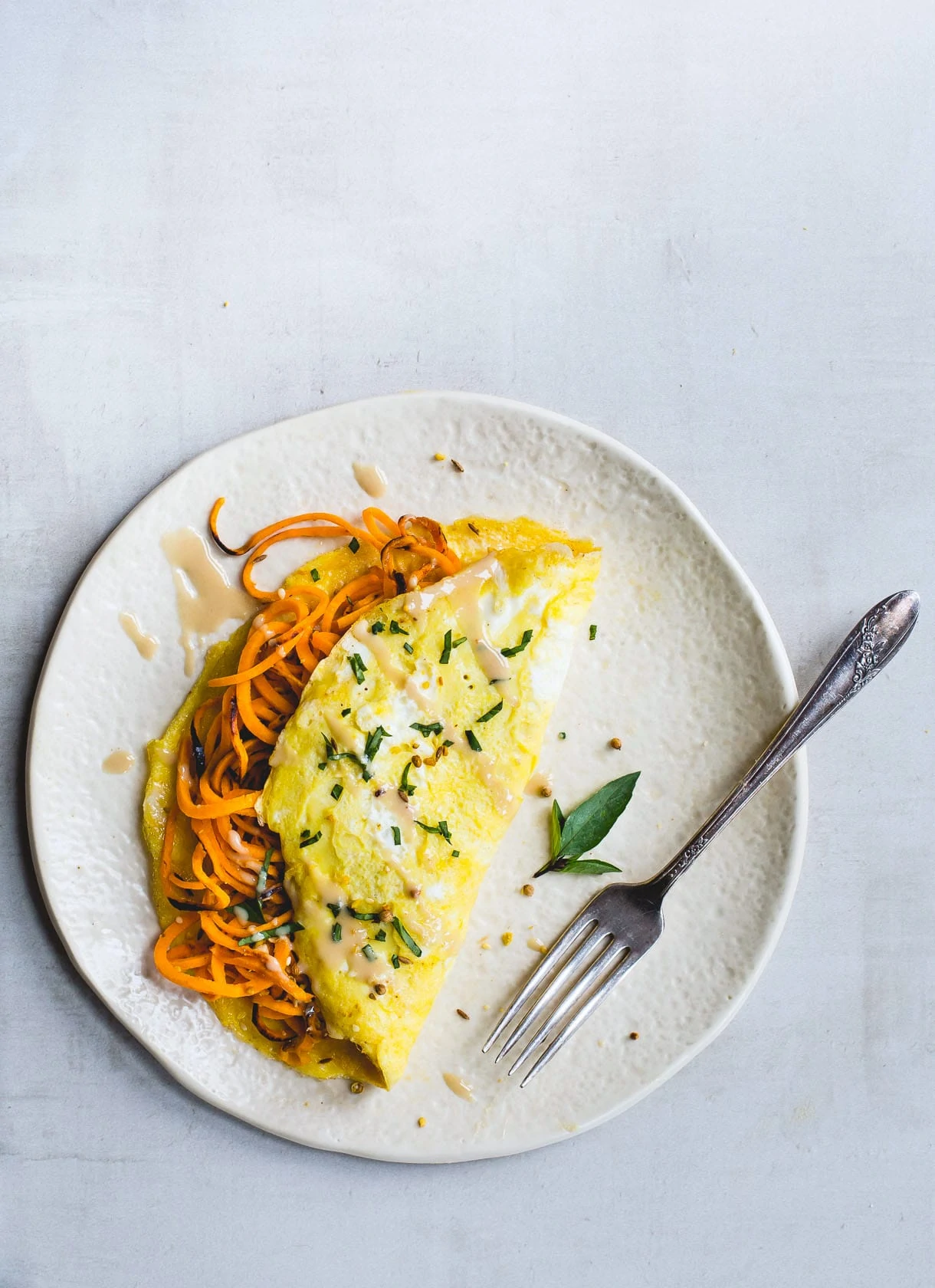 Two Egg Omelette with Tahini Sweet Potato Noodles {paleo}