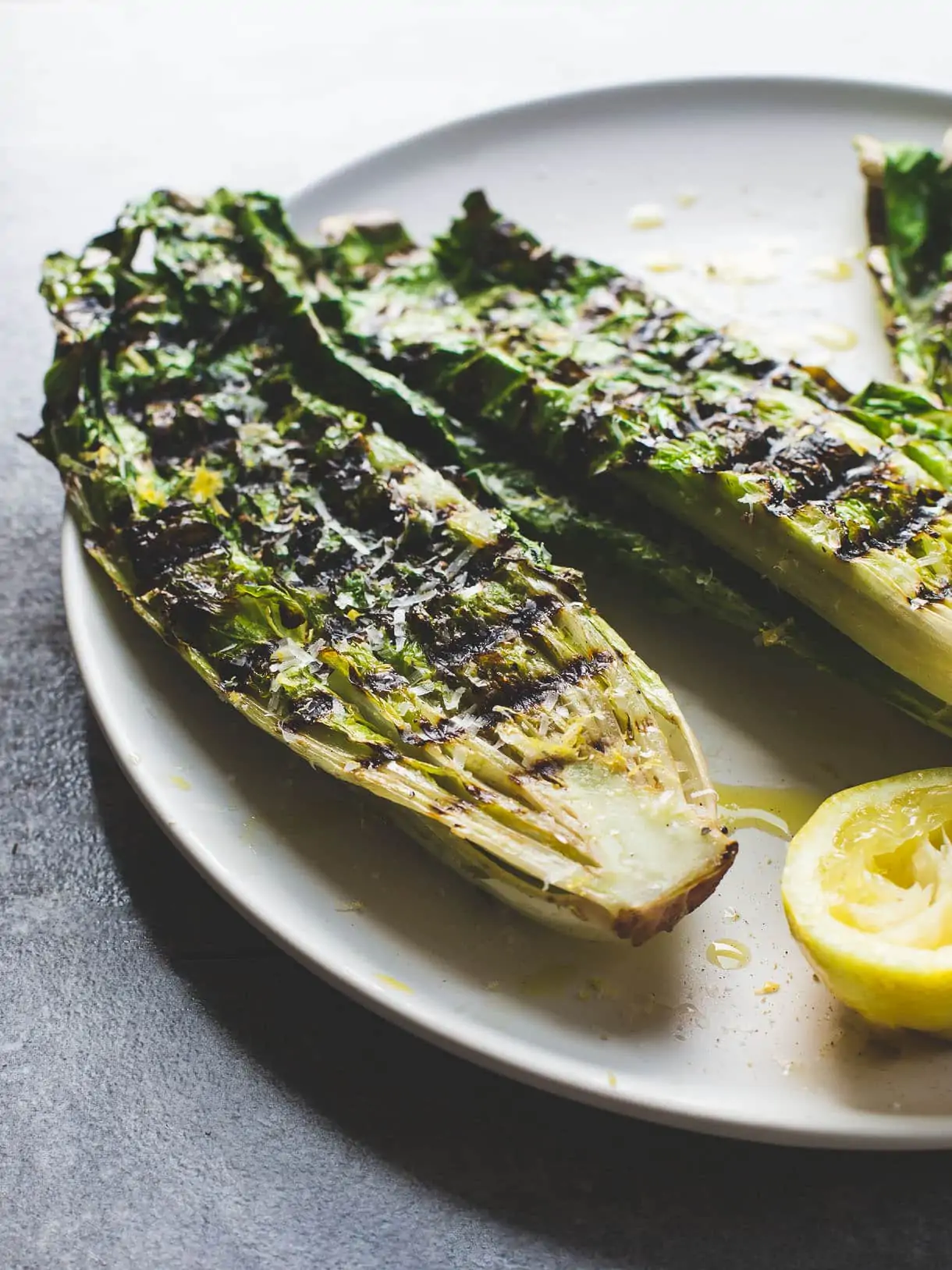 Grilled Romaine Lettuce Salad on a plate ~ easy vegetarian grilling recipe with how to video