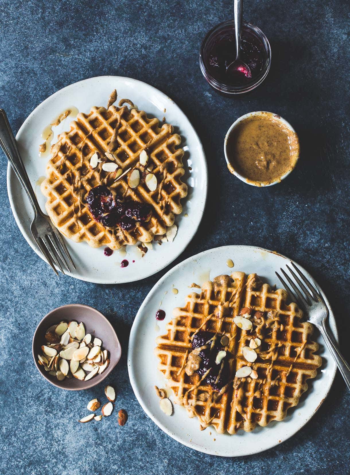 Golden Gluten-Free Waffles with Almond Butter & Jam: made with kefir