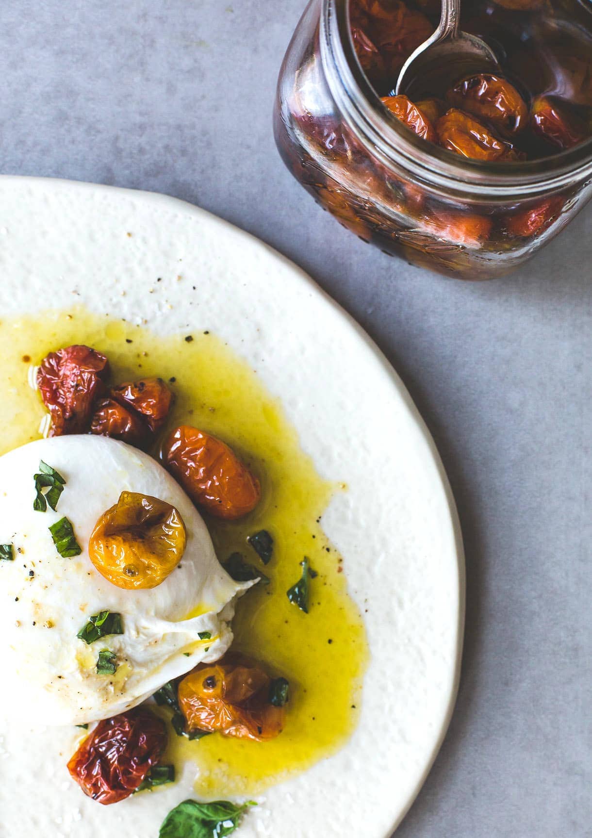 Burrata With Slow Roasted Cherry Tomatoes and Olive Oil {heartbeet kitchen}