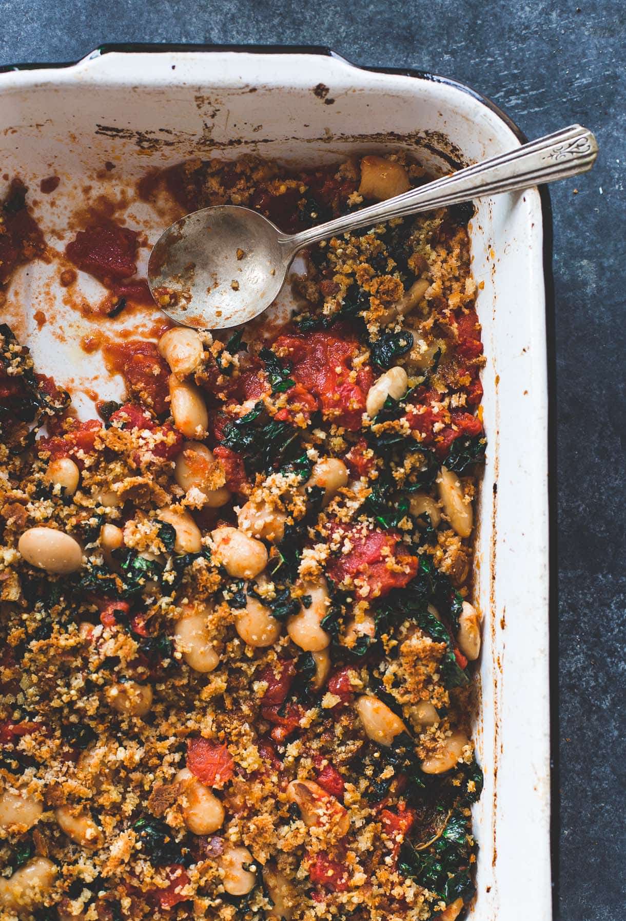 Cozy Gluten-Free Gratin with Butter Roasted Tomatoes, Beans and Kale
