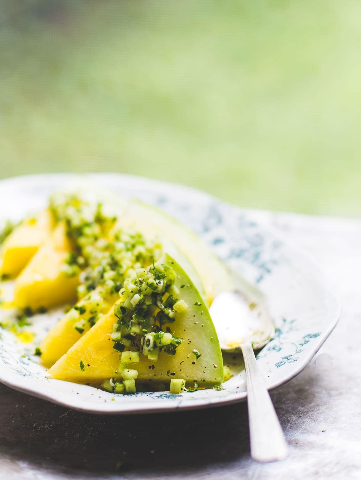 Yellow Watermelon Salad with Pickled Cucumber Ginger Relish