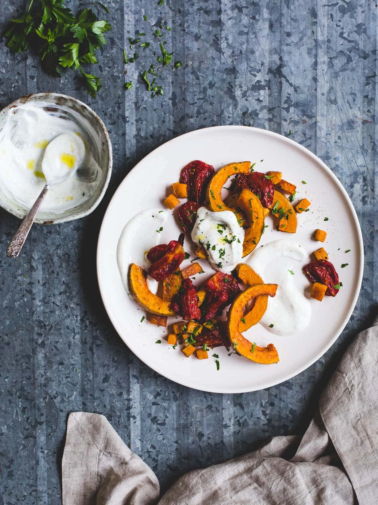 Oven Roasted Butternut Squash and Tomatoes with Cardamom Yogurt Sauce
