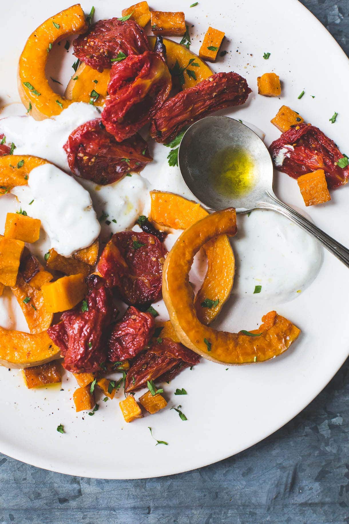 Roasted Tomatoes and Butternut Squash with Cardamom Yogurt Sauce {gluten-free, nut-free}