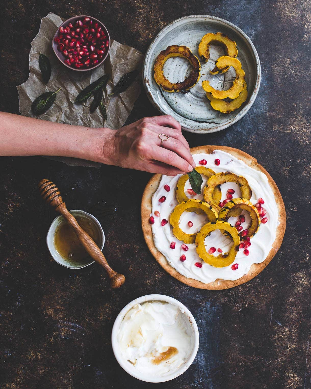 Sweet Delicata Pizza with Fried Sage, Pomegrante, and Honey Yogurt