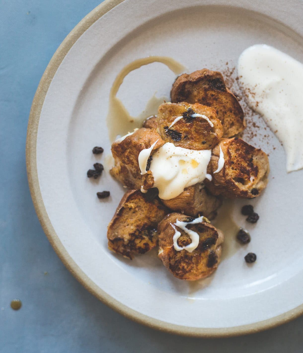 Cinnamon Raisin Bagel French Toast with Creme Fraiche - tastes like a cinnamon roll