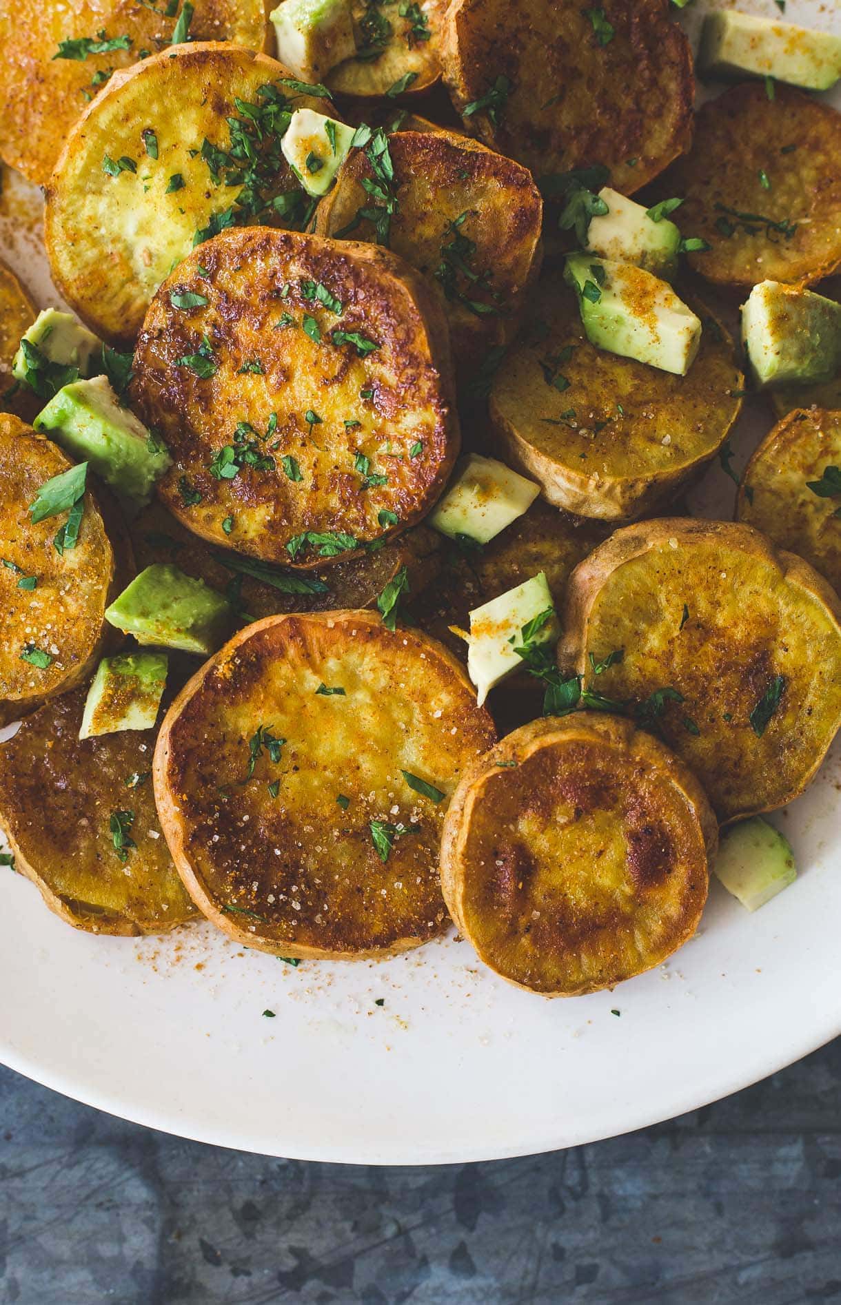 Sweet and Salty Curry Roasted Sweet Potatoes with Avocado {gluten-free, vegan}