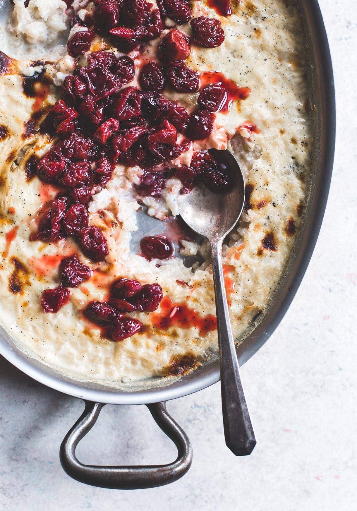 Effortless Vanilla Bean Rice Pudding with Saucy Tart Cherries {baked, so all hands off! so creamy, can be served warm or cold}