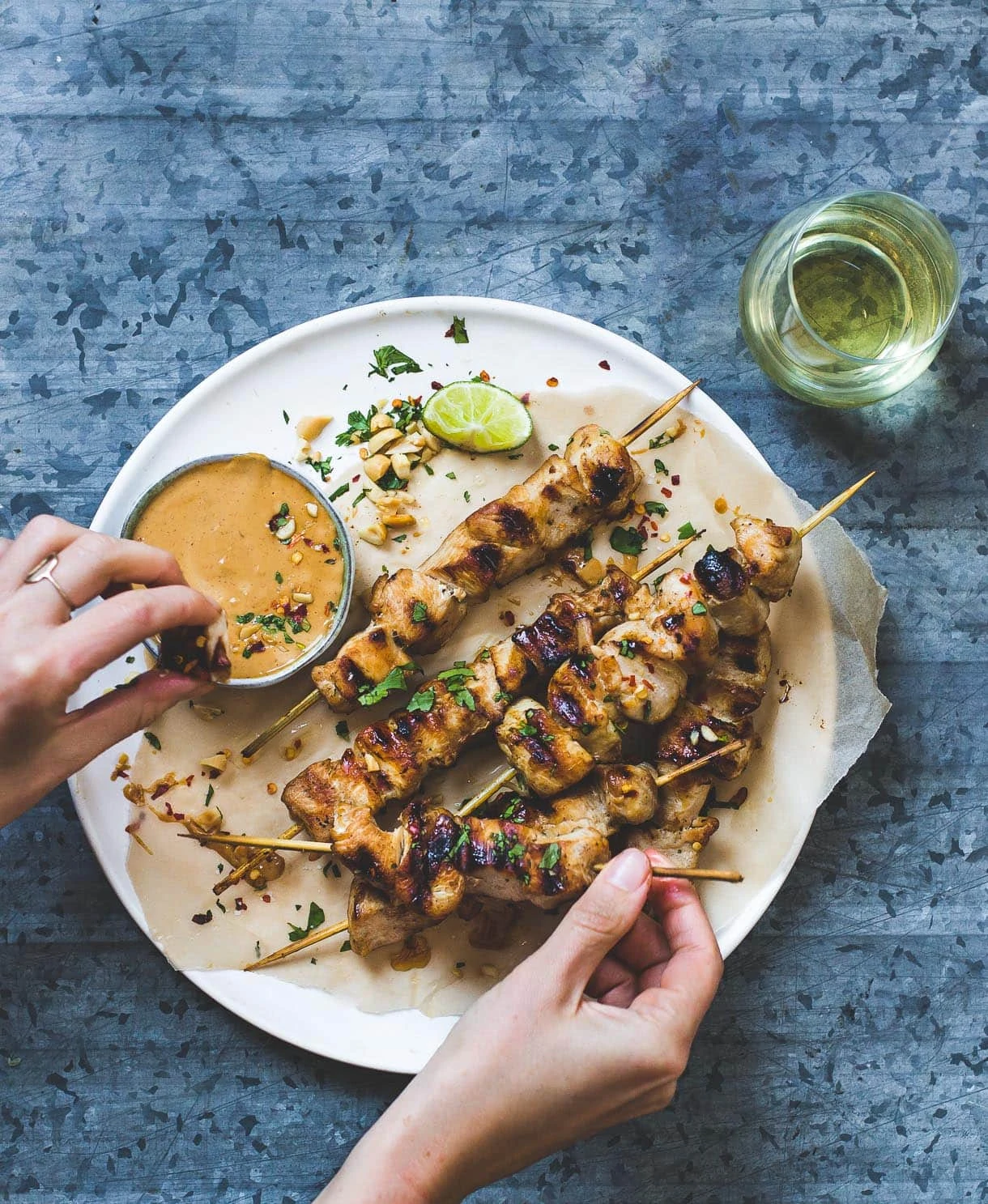 Sizzlin' Thai Chicken Skewers with Peanut Sauce {paired with chardonnay}